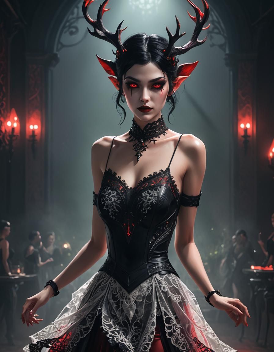 Fierce Woman Dancing in Club with Deer Antlers