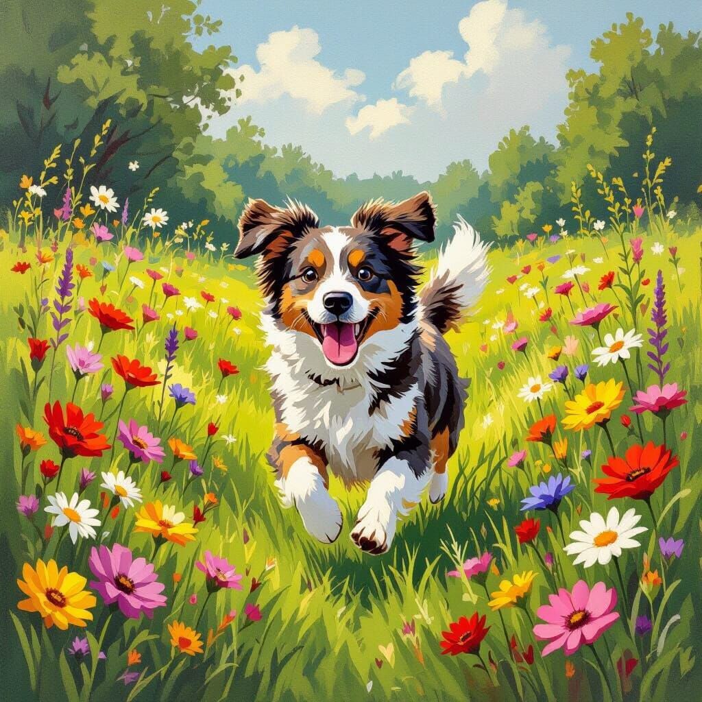 Dog Running in Meadow, Bob Ross Style