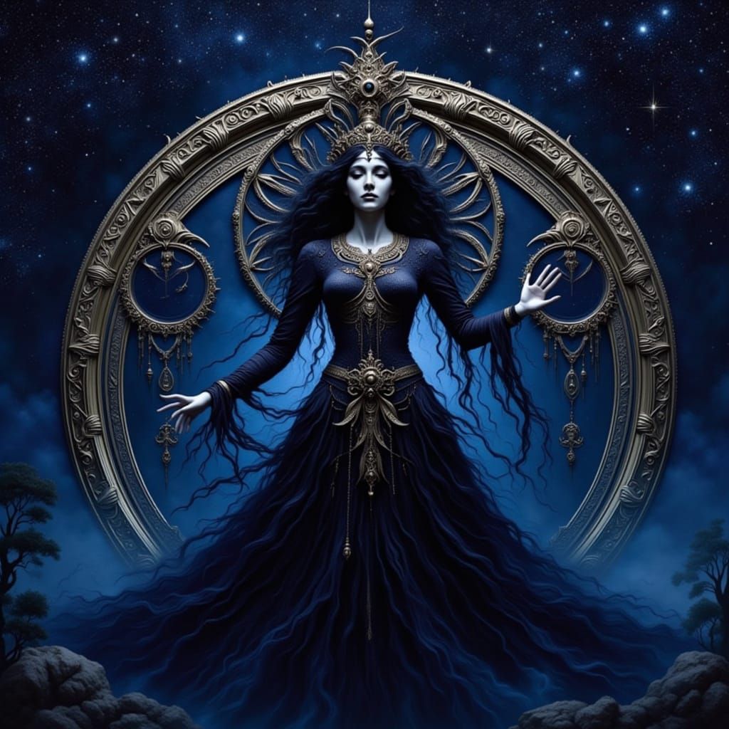 Witch Goddess Floating in Starry Night Sky