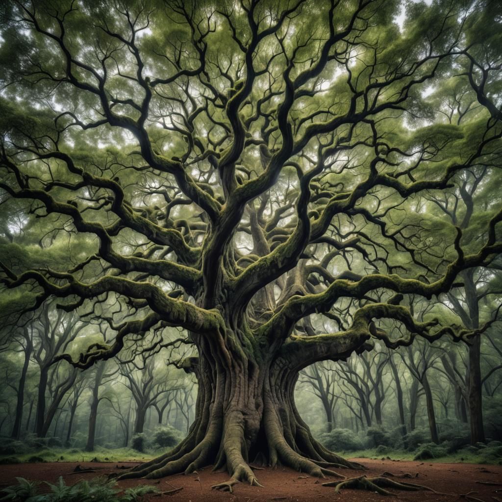 Hyperrealistic Tree Portrait in Atmospheric Forest