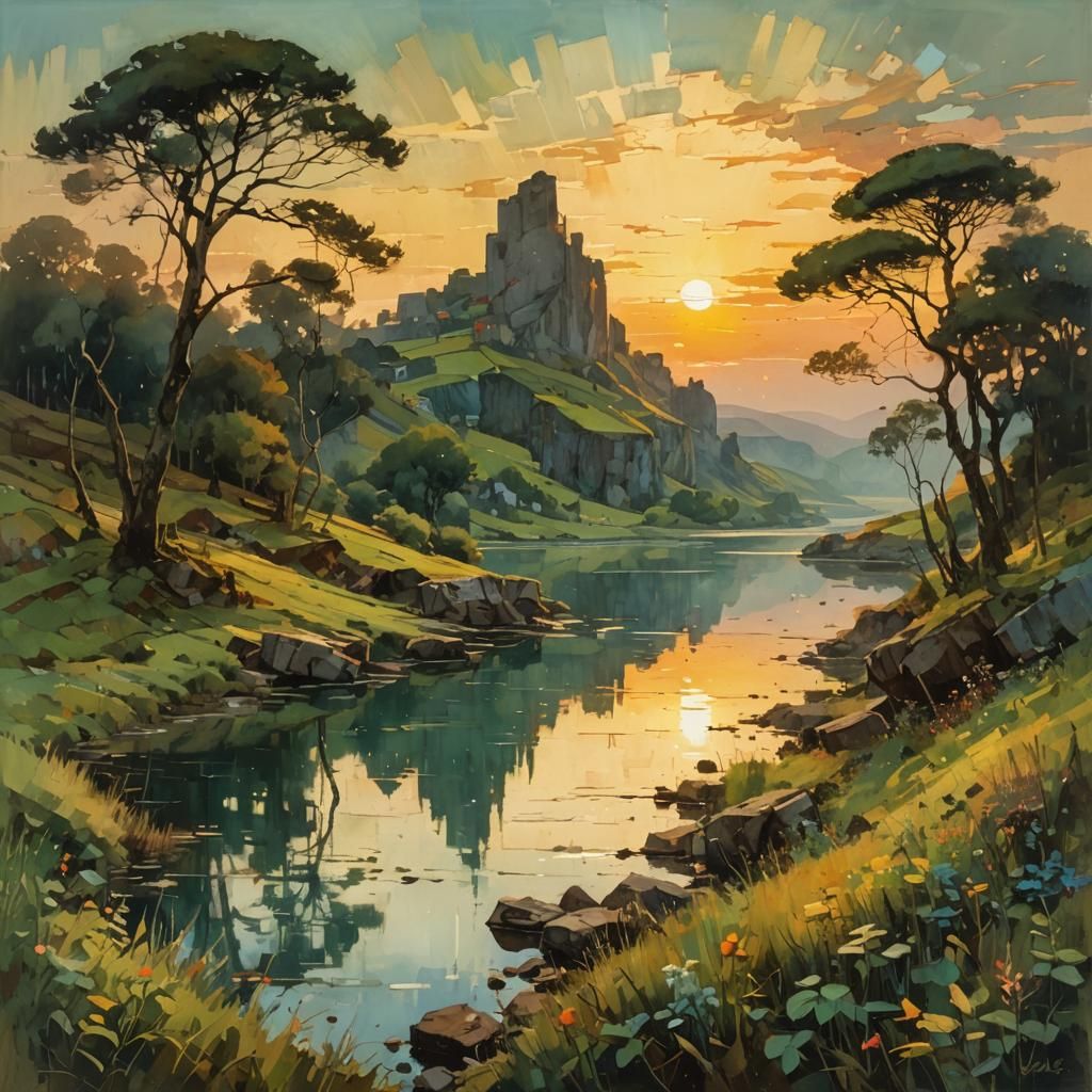 Surreal Landscape with Sunset Reflected in Water