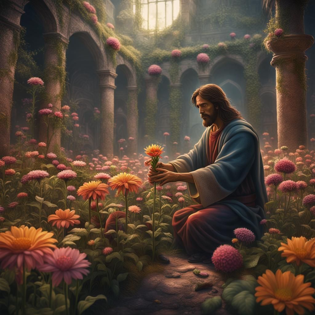 Jesus Nurturing a Flower: Detailed Fantasy Art