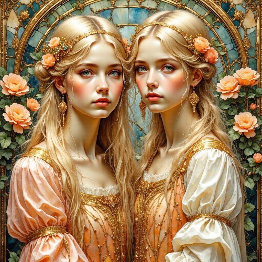 Sisters in Peach: Impressionist Medieval Portrait