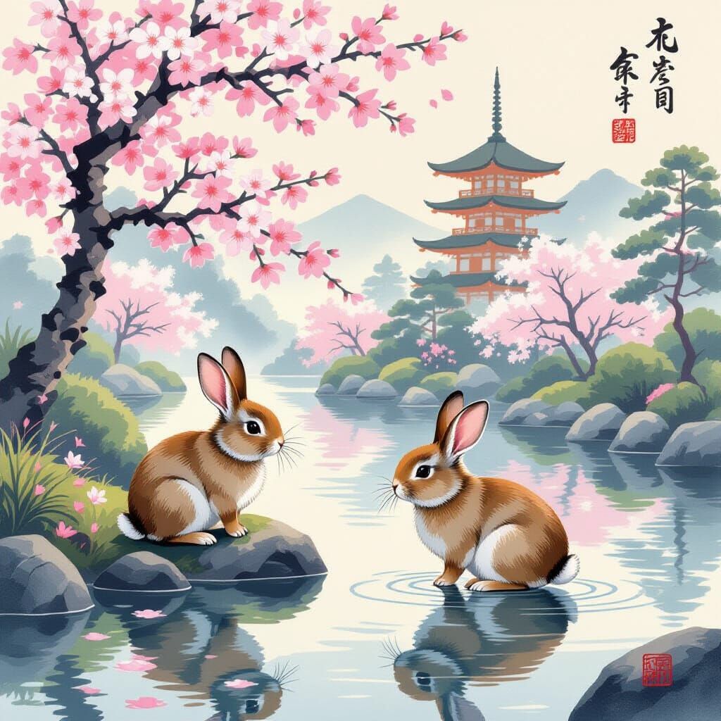 Bunny in Serene Japanese Garden Ukiyo-e Style