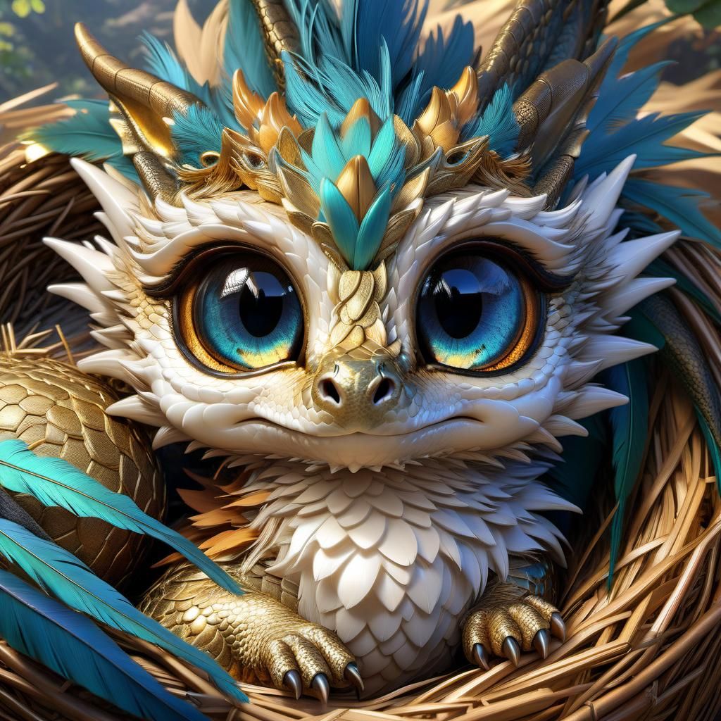 Anime Dragon Portrait in Nest with Detailed Eyes