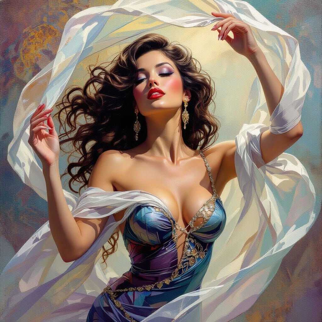 Ethereal Woman Dancing with Veils, Impasto Oil Painting