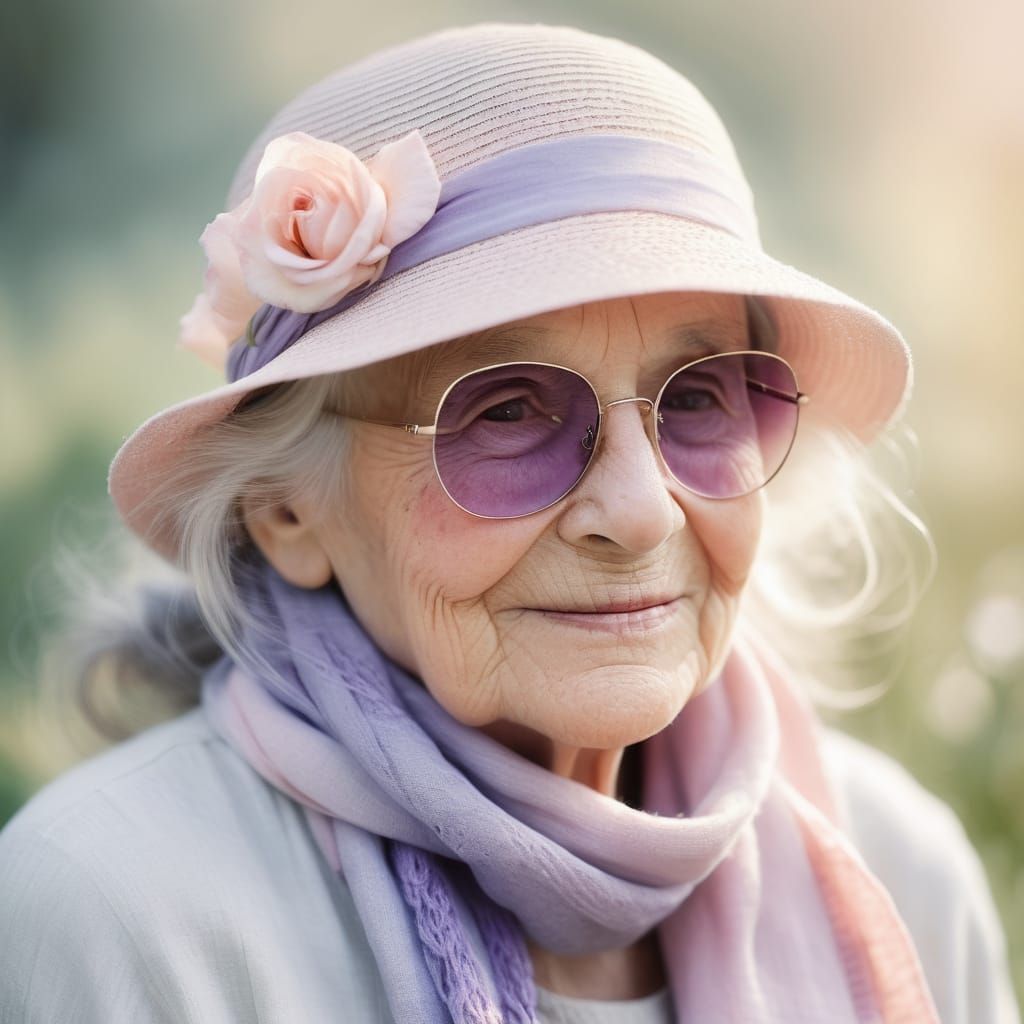 Portrait of a beautiful elderly with rosy checks and smiling, with long flowing grey hair wearing sunglasses and a paste...