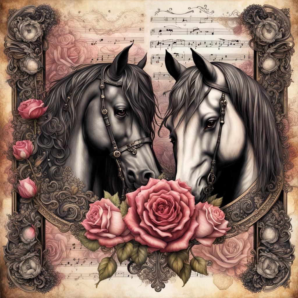 Cosmic Steampunk Horses on Vintage Notebook Page
