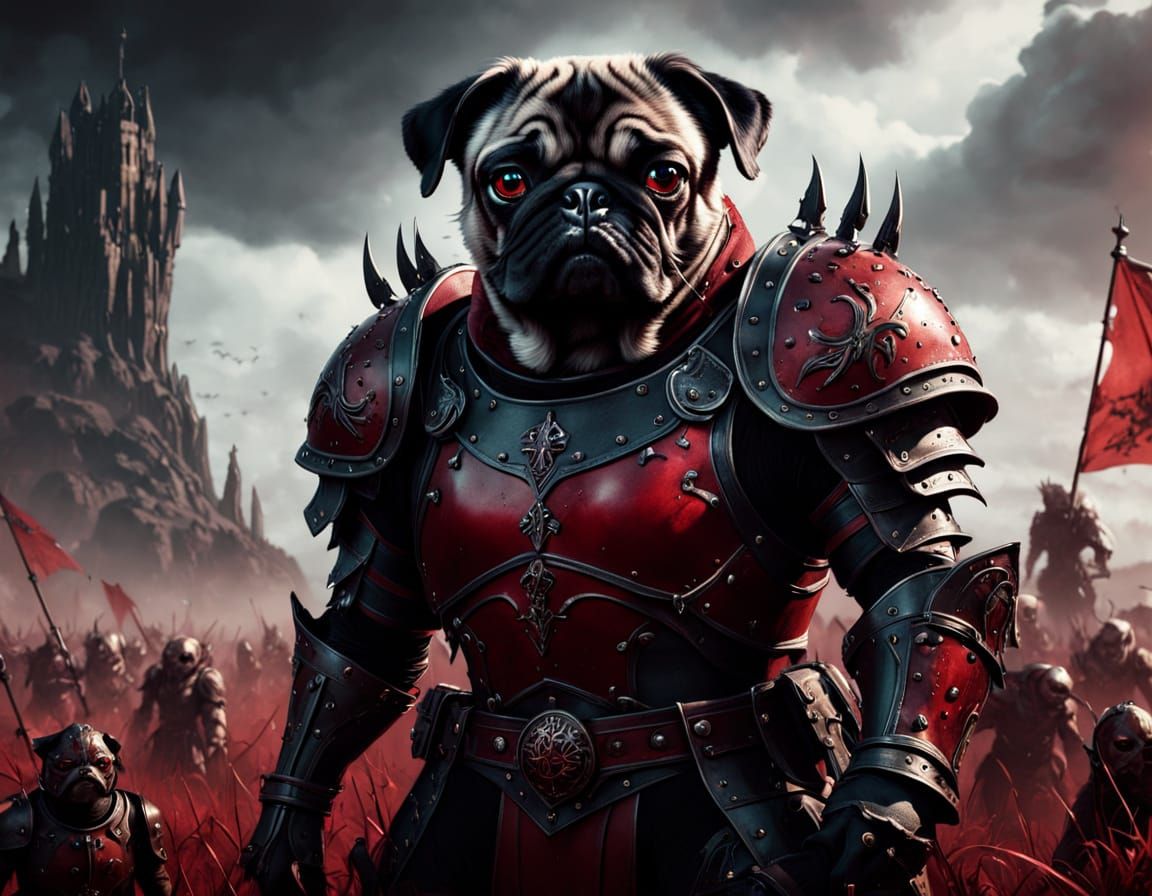 Gothic Pug Warrior Leads Army in Dark Fantasy Realm