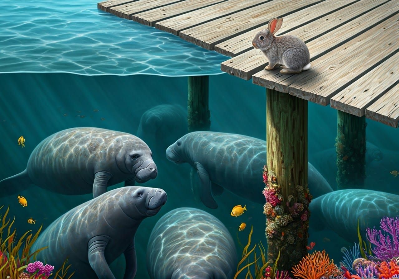 Rabbit Contemplates Gentle Manatees in Crystal Clear Waters
