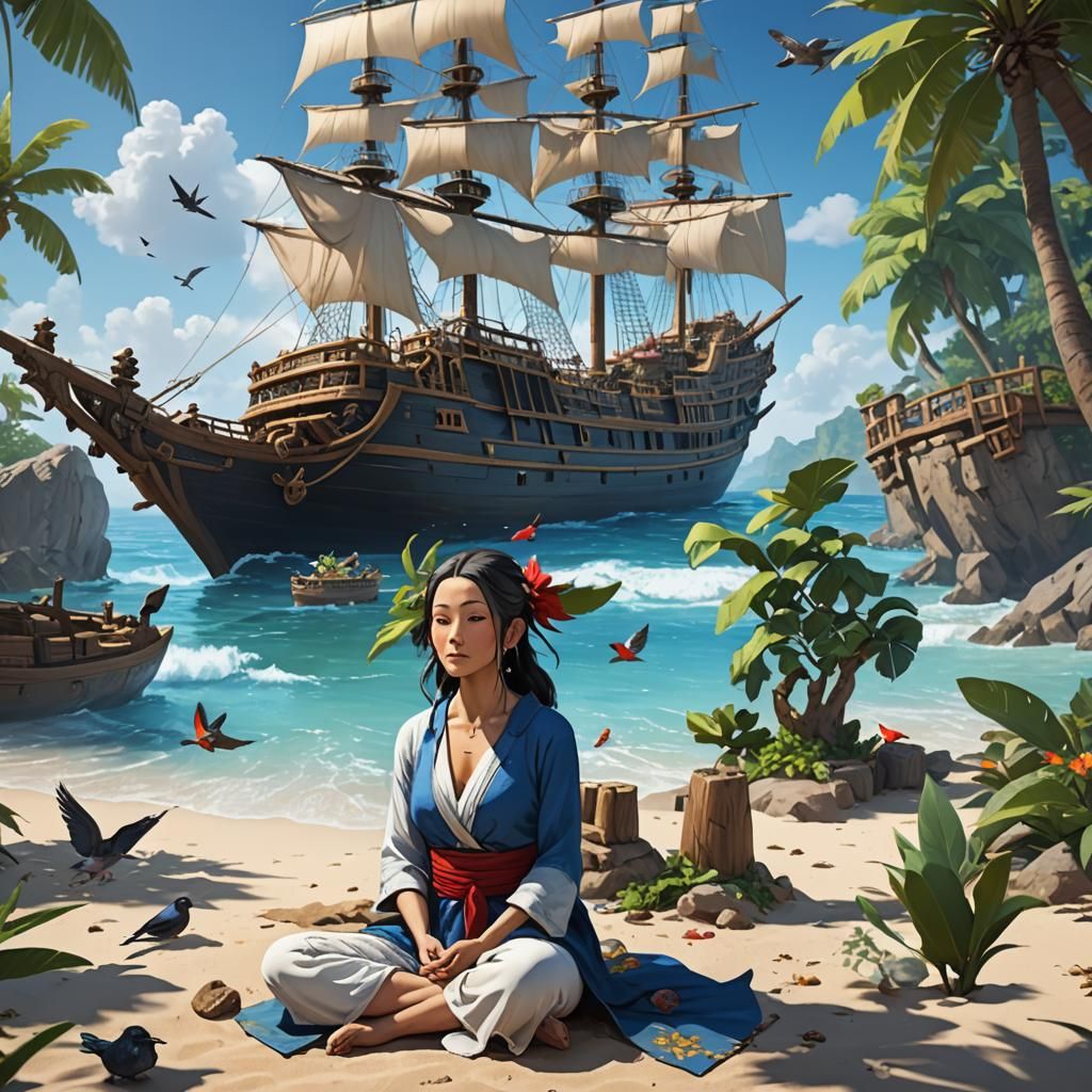 Woman Meditating on Tropical Beach in Anime Style