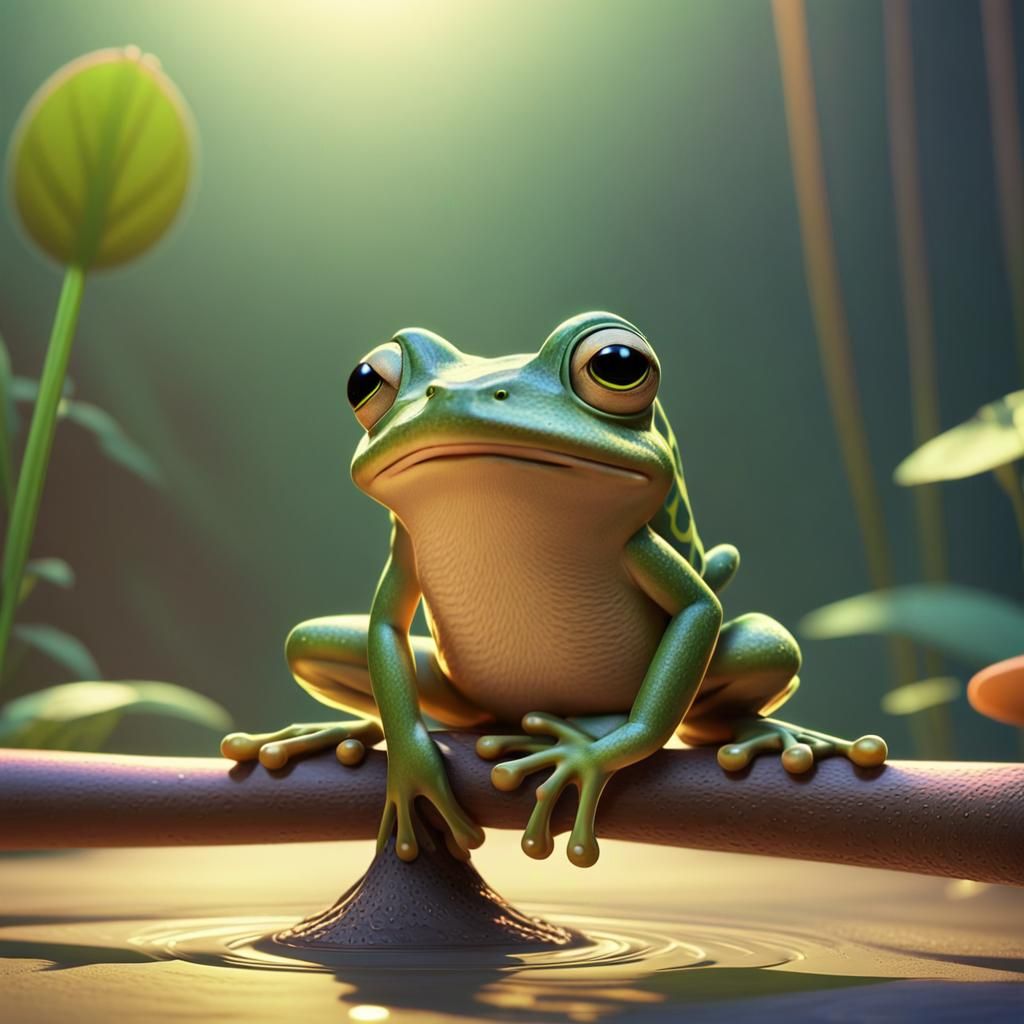 Frog on Bouncing Stick: Pixar-Style 3D Render