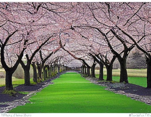 Cherry Tree Avenue at Dusk, in a Whimsical Realist Style