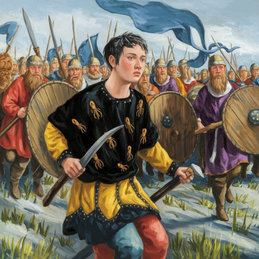 Viking Princess Leads Warriors to Siege in Oil Painting