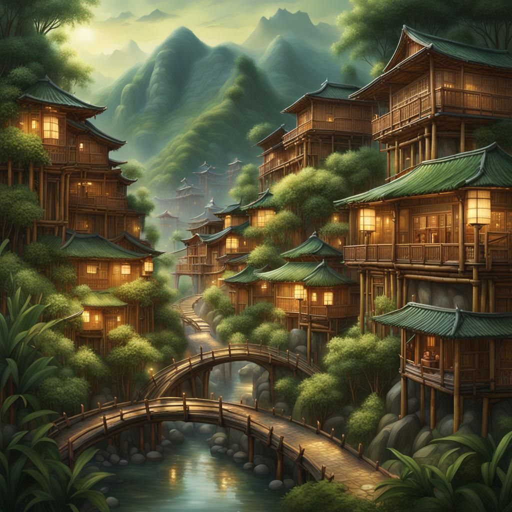 Serene Bamboo Village in High Mountains
