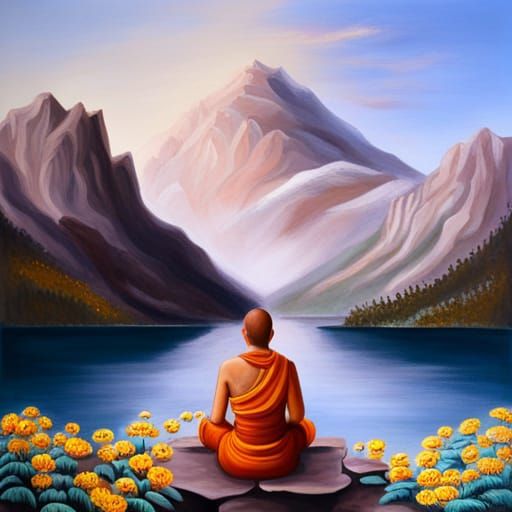 Meditating Monk in Mountain Lake: Digital Matte Painting