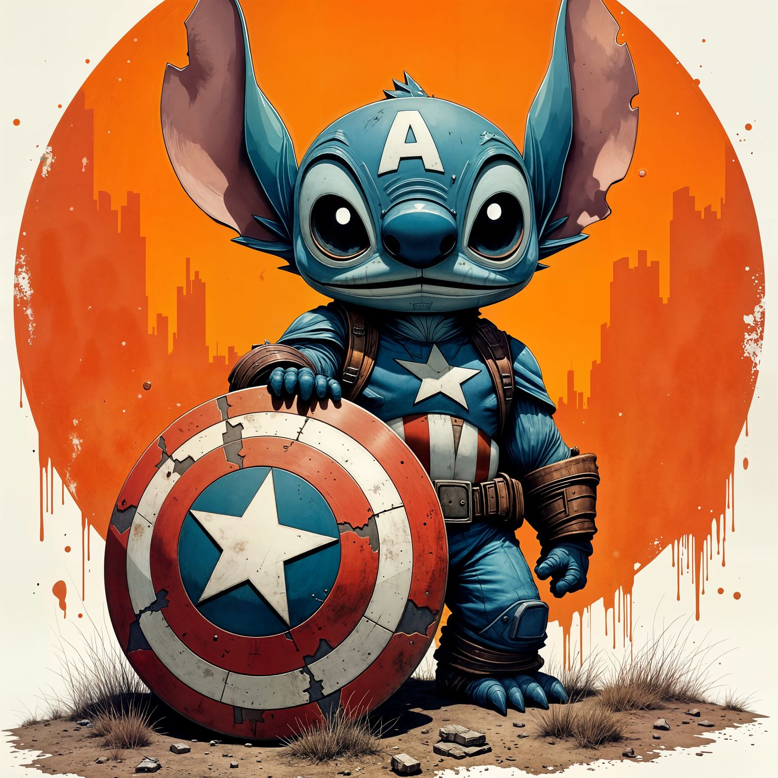 Stitch as Captain America in Retrofuturistic Brutalism