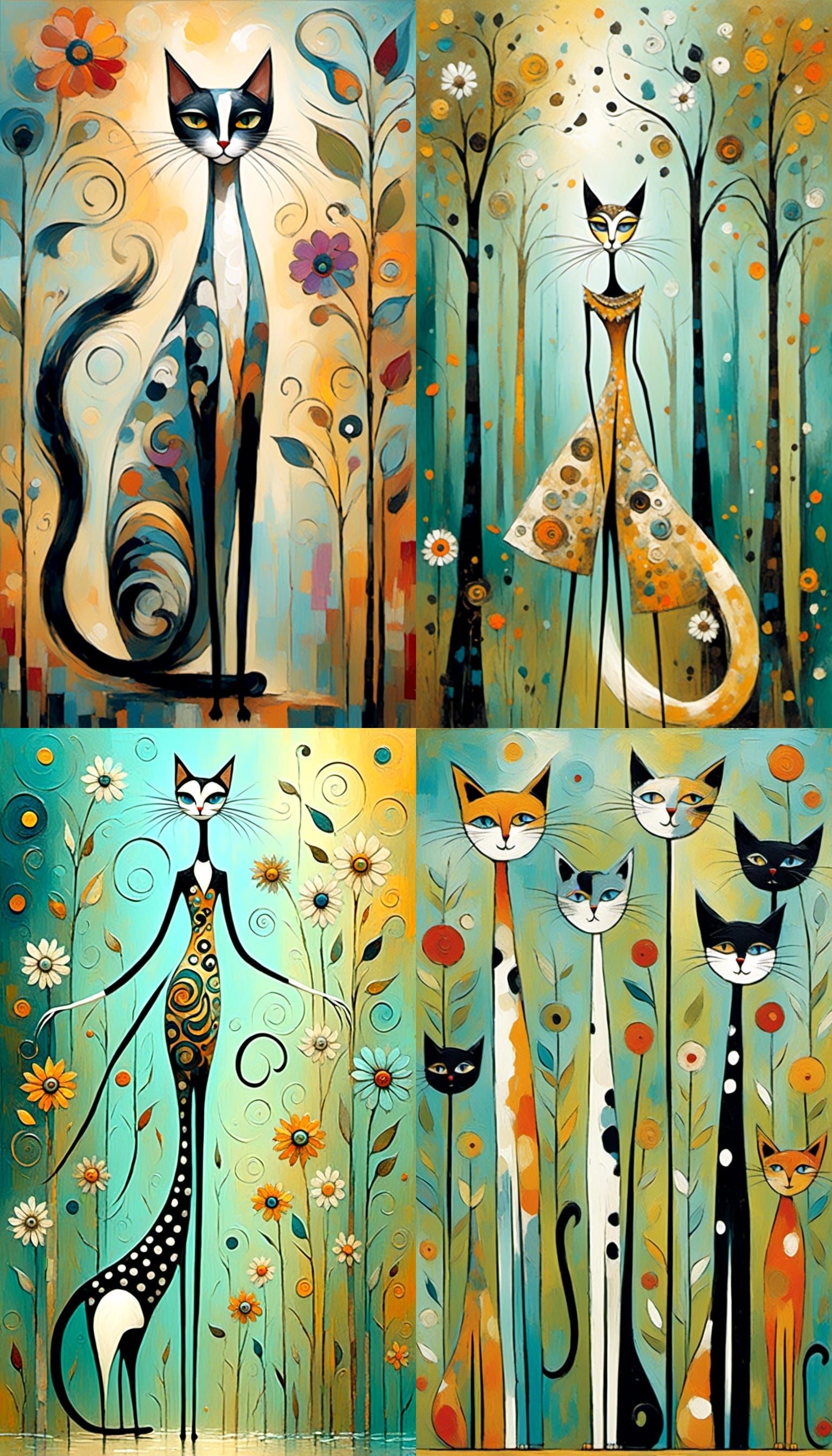 <lora:White Fantasy:1.0>stylized cats with elongated bodies and necks, unique patterns of stripes, spots, or blocks of c...