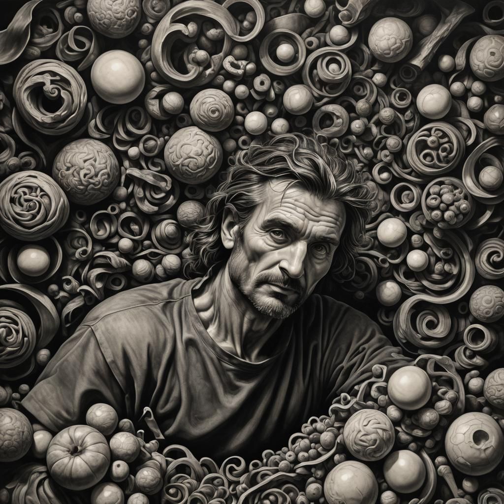 Hyperrealistic Charcoal Drawing with Floating Objects