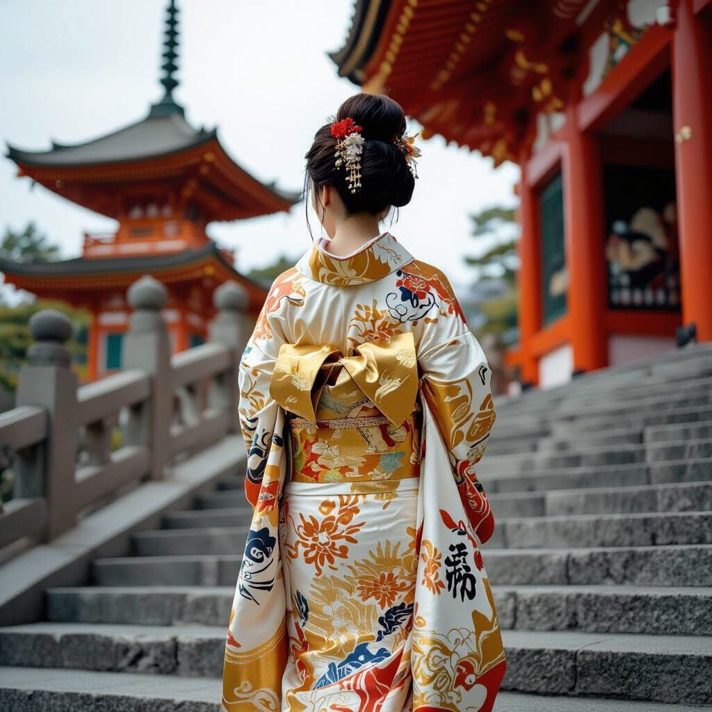 Woman in Ornate Kimono at Temple Steps