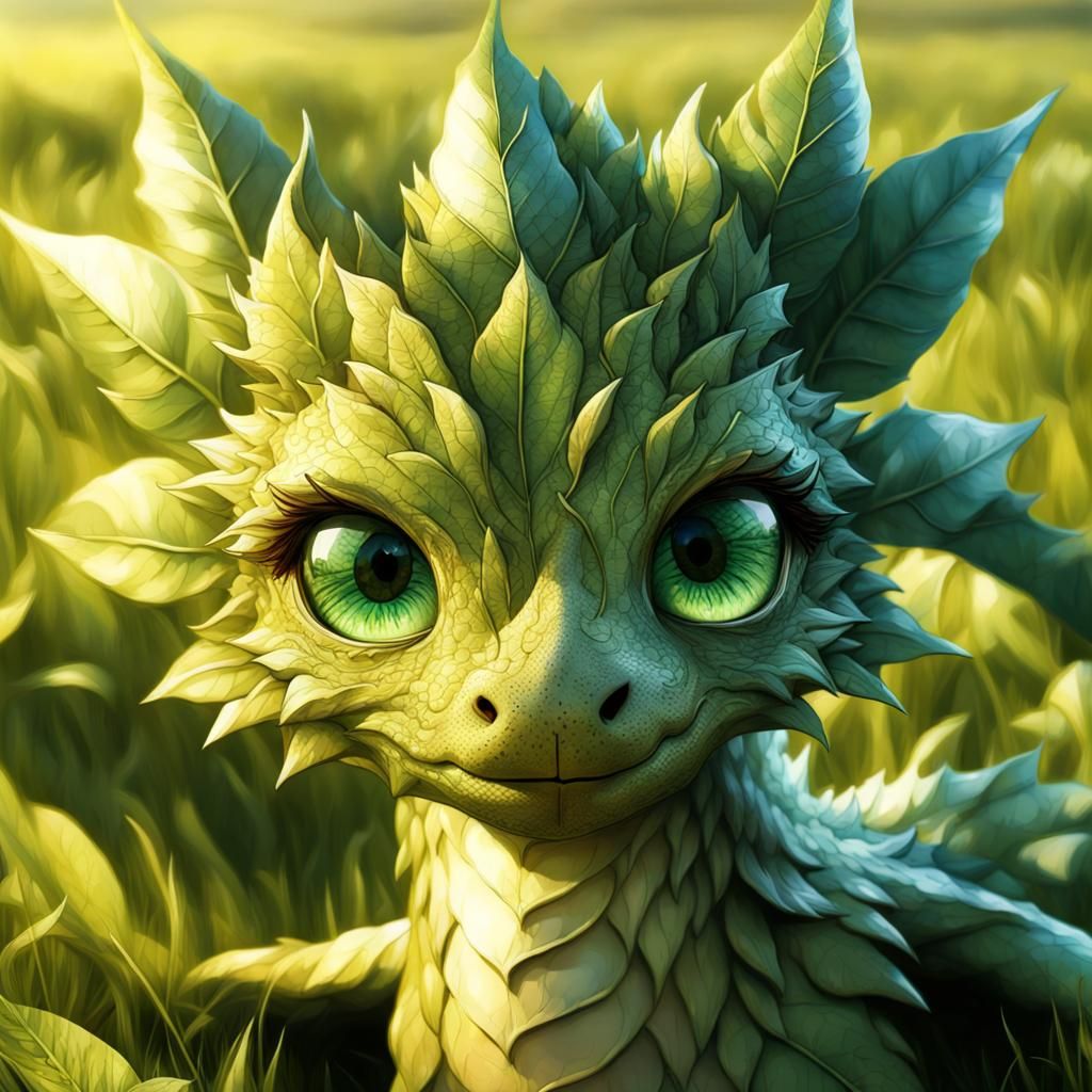 Adorable Leaf Dragon Portrait in Anime Style