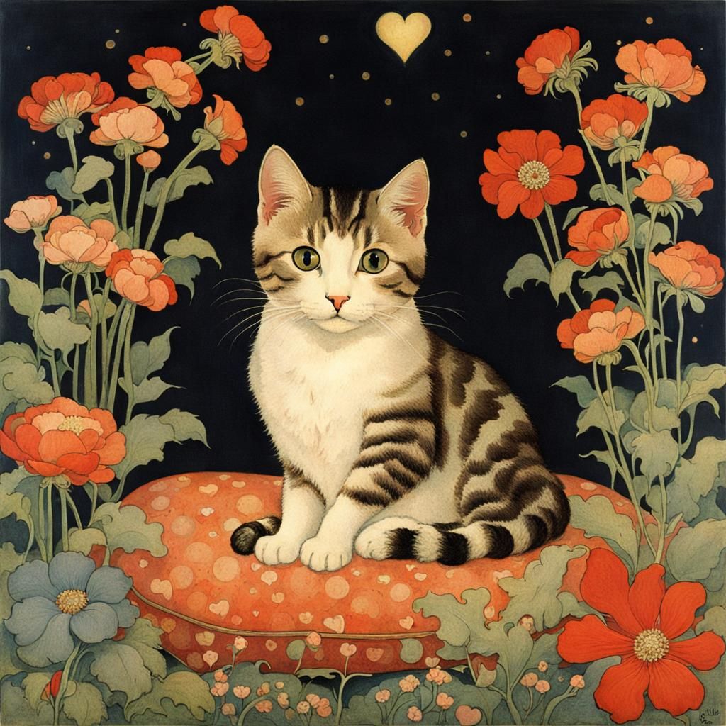 Cute Cat in Floral Setting, Art Nouveau Style