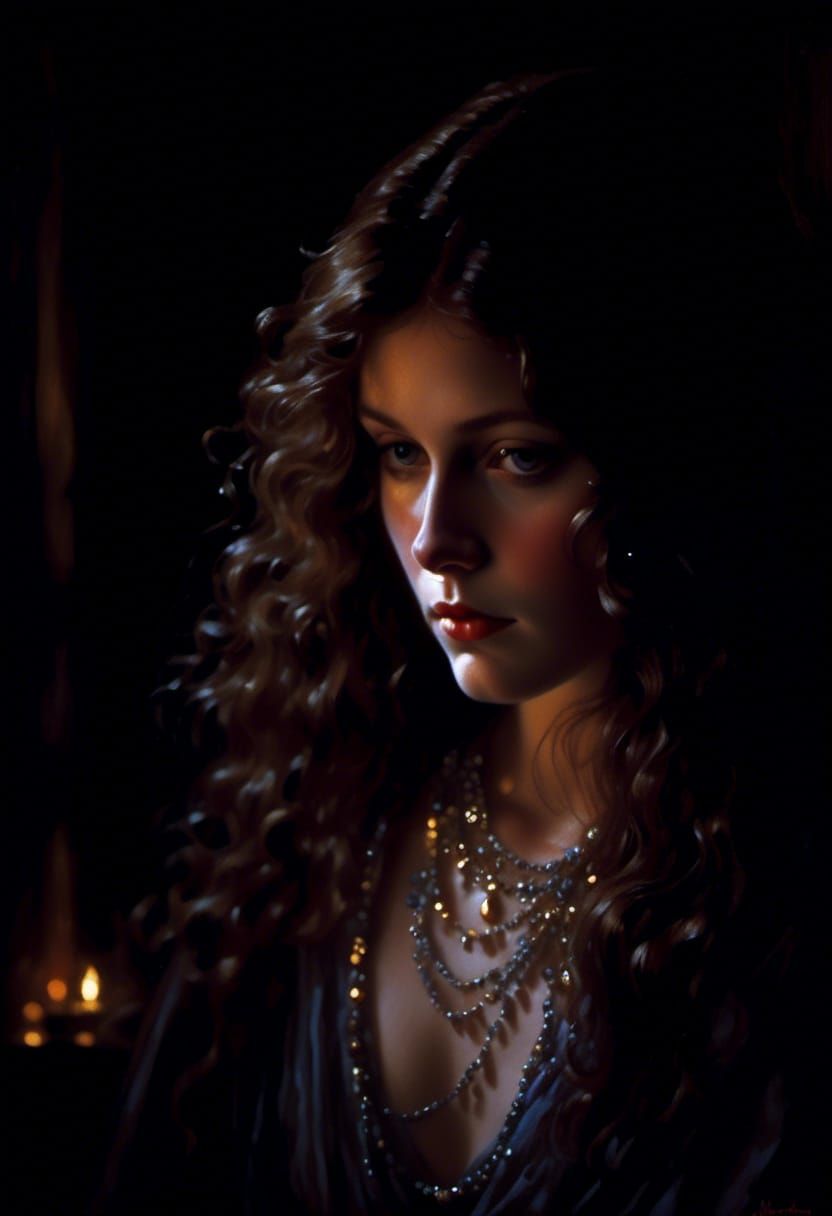 Gem-Encrusted Lady in Moonlight, Romantic Portrait
