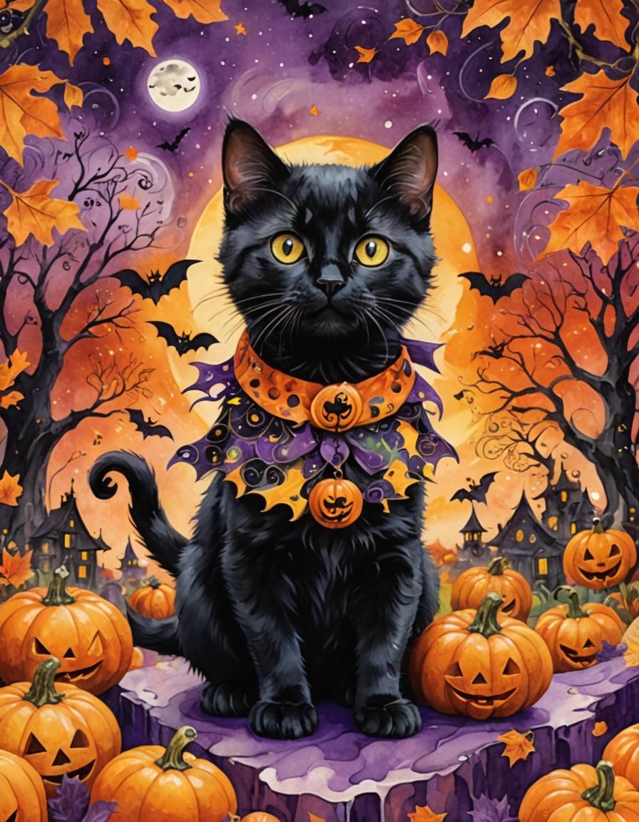Halloween Kitten in Watercolor Fantasy Concept Art