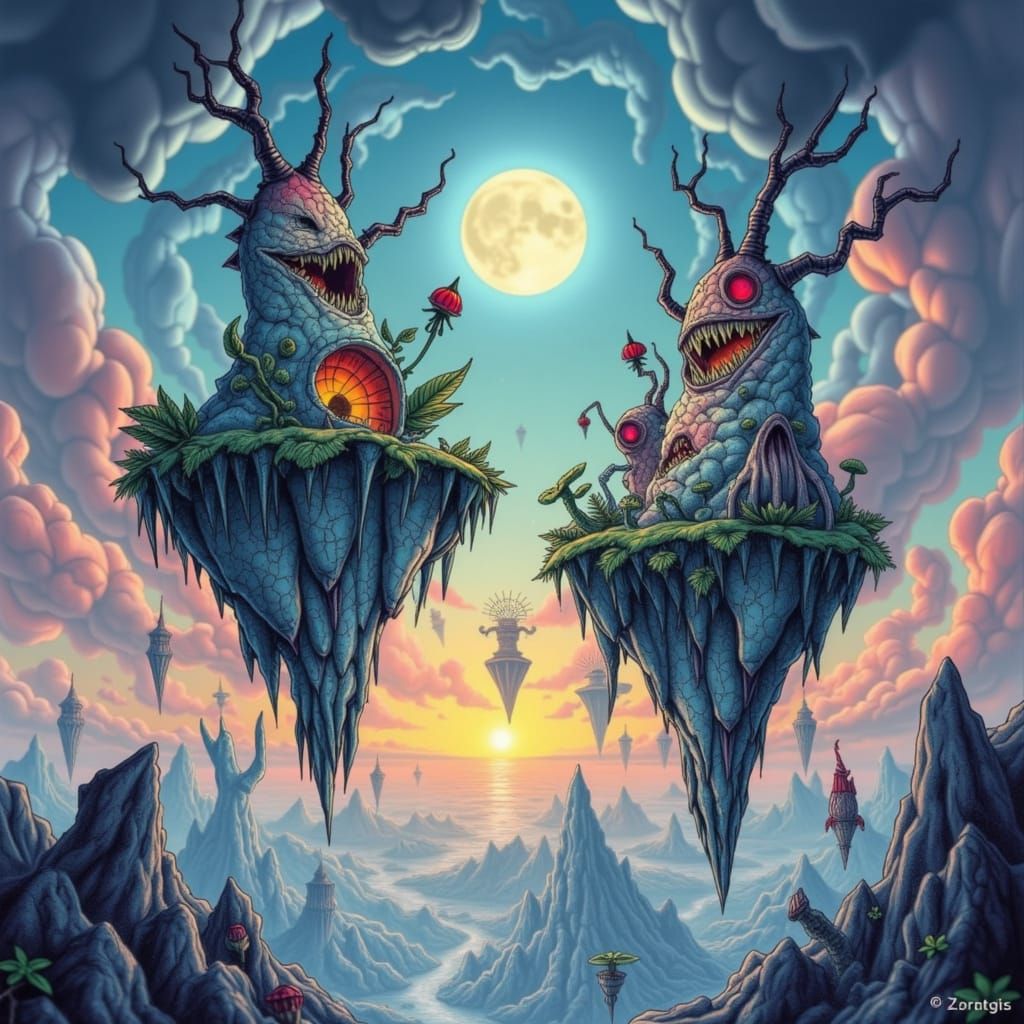 Monstrous Islands Drift in Surreal Twilight Sky