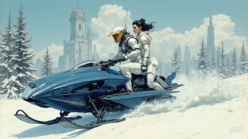 Woman Riding Futuristic Snowmobile in Tundra