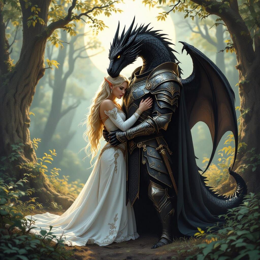 Elven Princess Embraces Dragon Shifter in Moonlit Forest