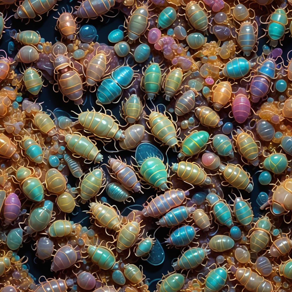 Neon Isopods Feast in Synthwave Underwater Cave