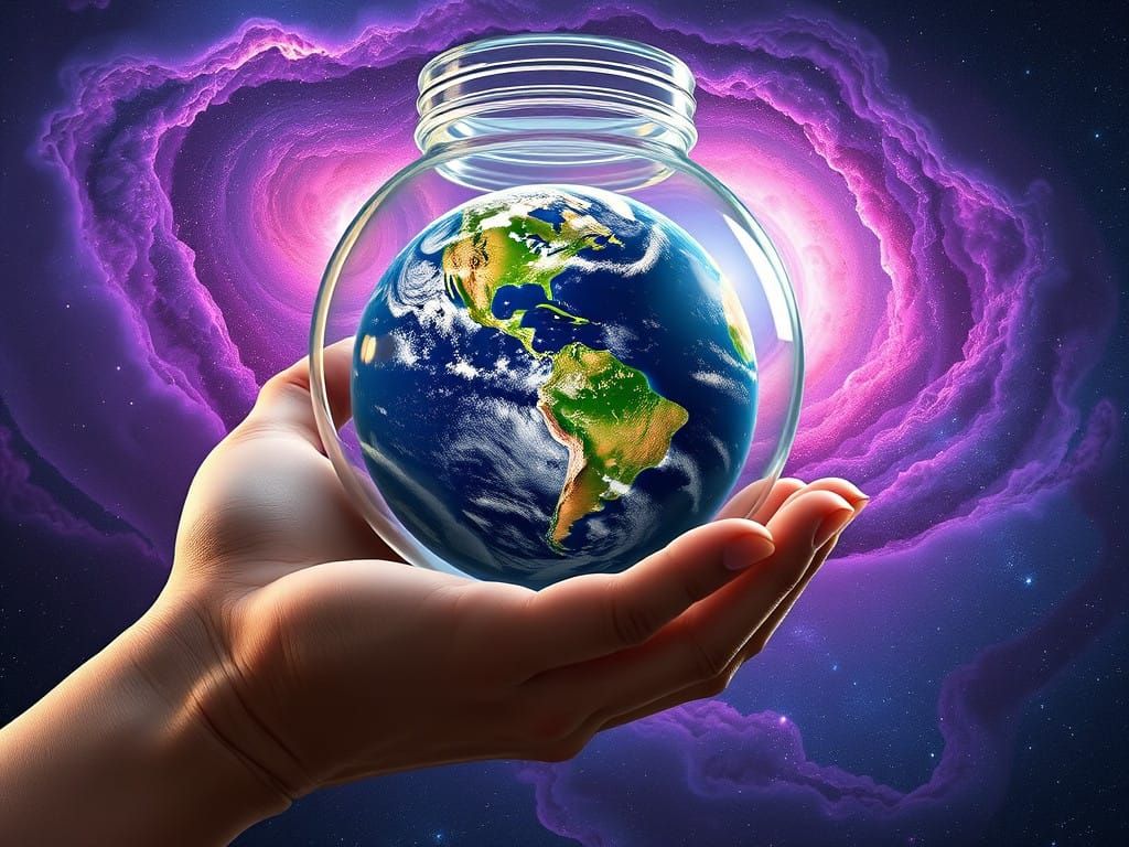 Serene Planet Earth in a Glass Jar, Held by a Gentle Hand