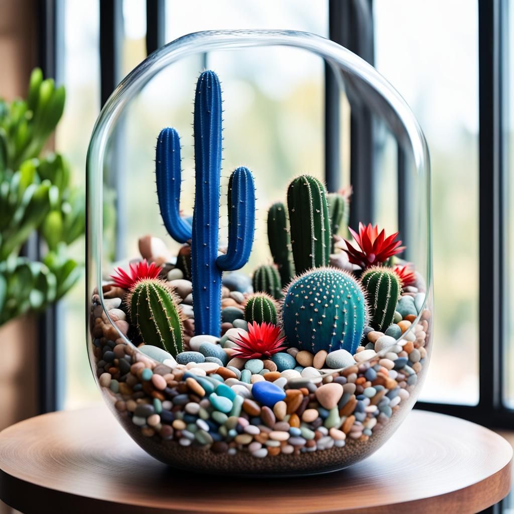 Pebble Cactus Sculpture in Colorful Terrarium