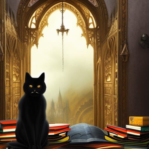 Black Fluffy Cat on Gothic Window