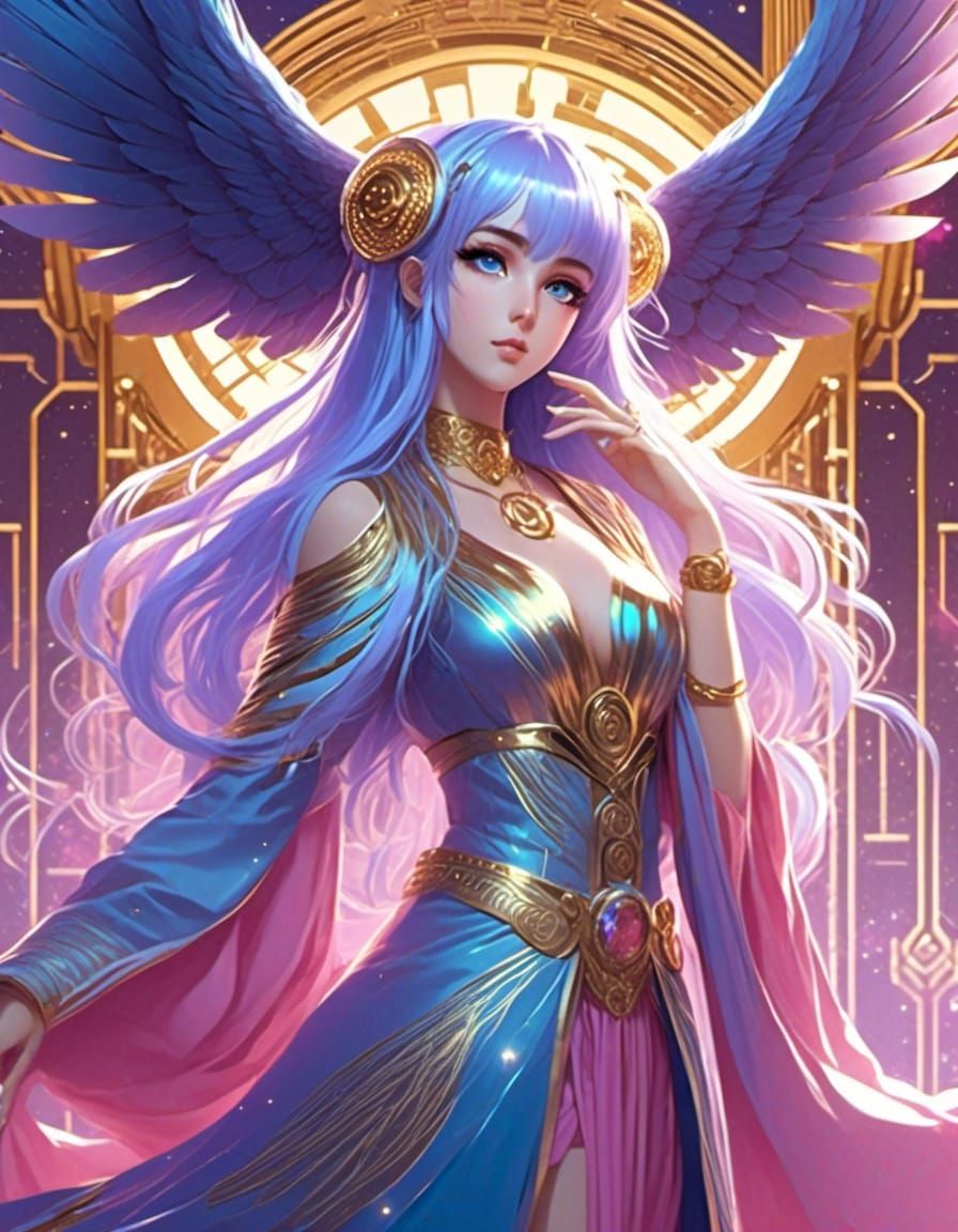Anime Goddess long blue hair, lavender eyes, iridescent pink holographic wings, pink, sky blue purple with gold accent r...