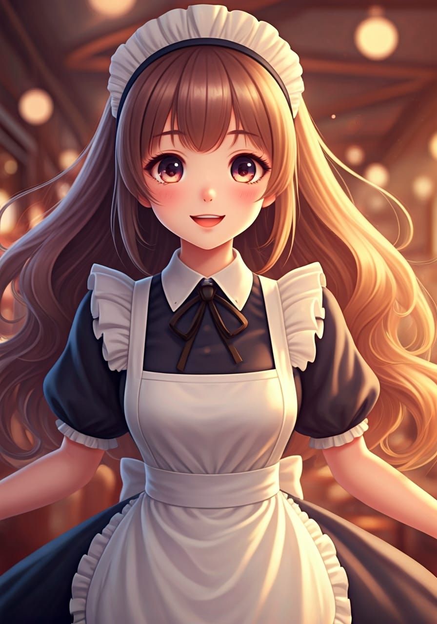 Kawaii Maid Waifu in Bustling Cafe, Pixar Style