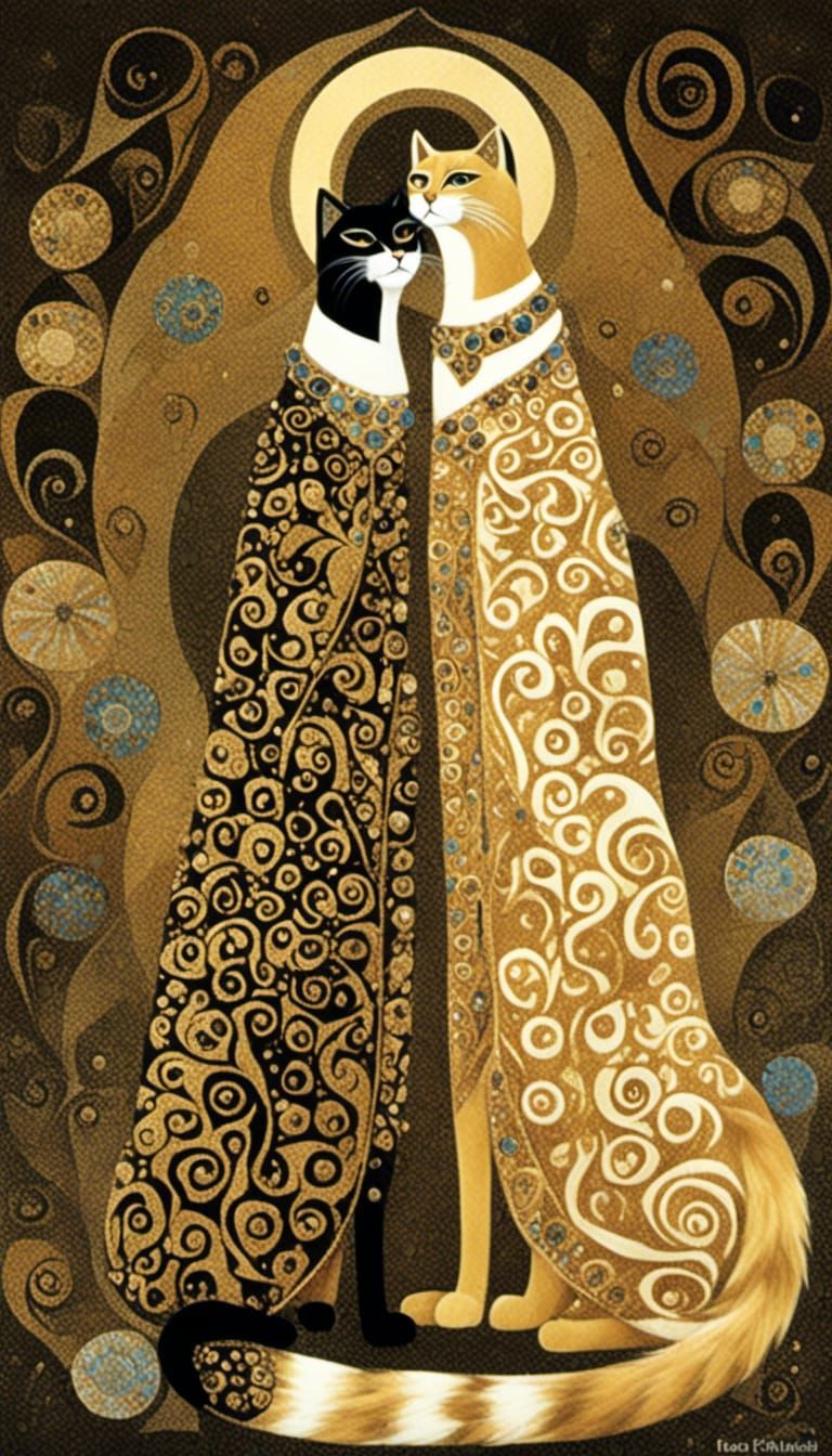 <lora:Feline Folk:1.0> Gustav Klimt-inspired gold leaf artwork. Medium shot. Two cats kiss, surrounded by cats. Medium s...