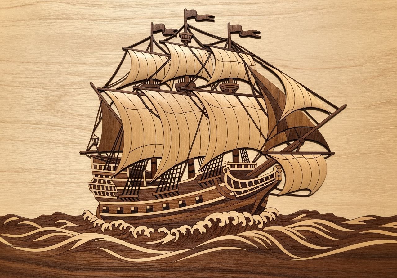 Elaborate Marquetry Wood Carving of a Galleon Ship