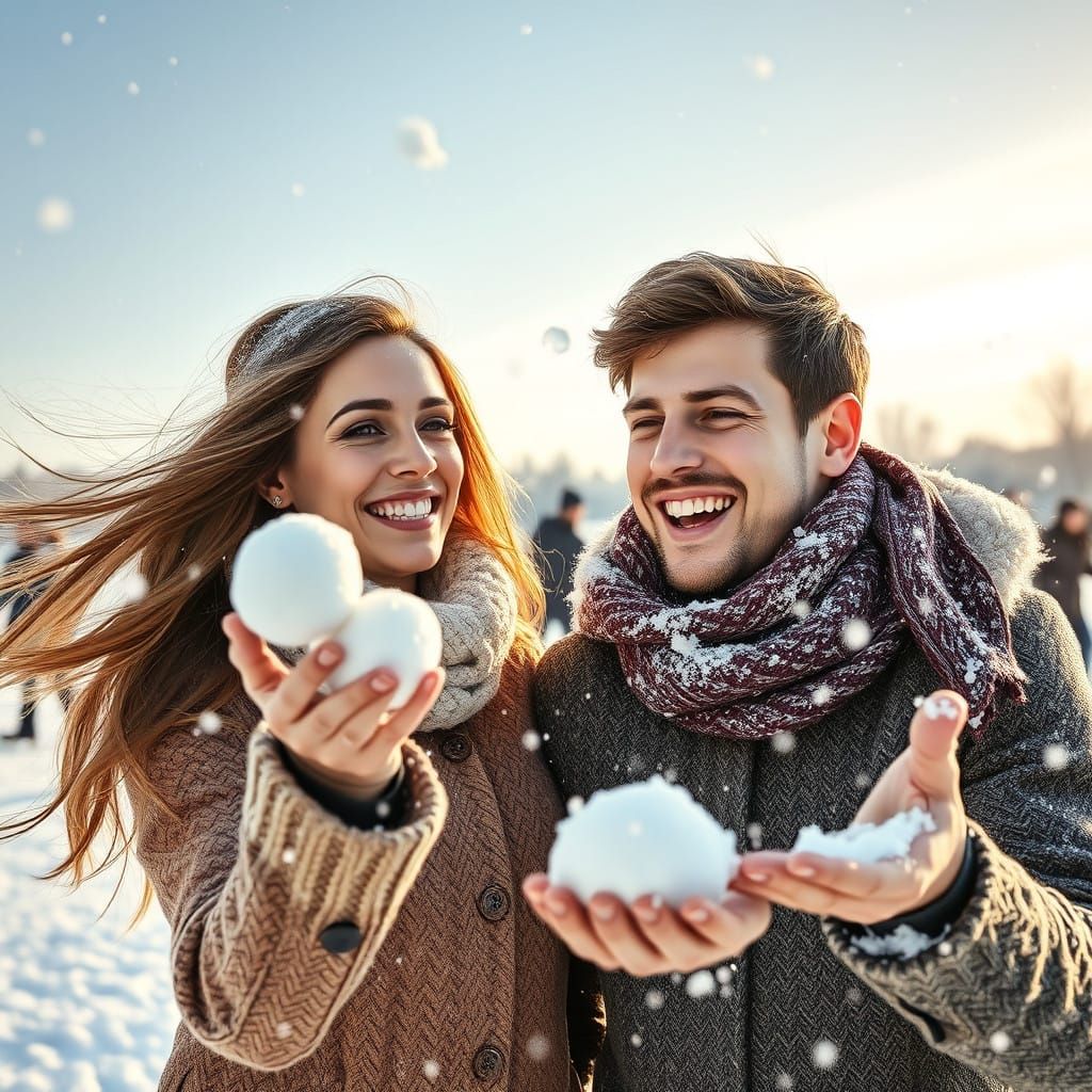Ethereal Winter Scene with Snowballing Lovers in Hyperrealis...