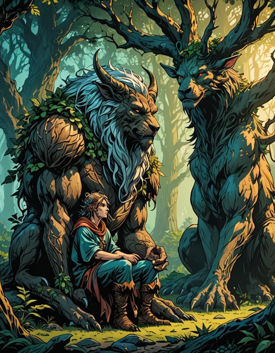Fairy-Druid and Beast in Cel-Shaded Comic Art