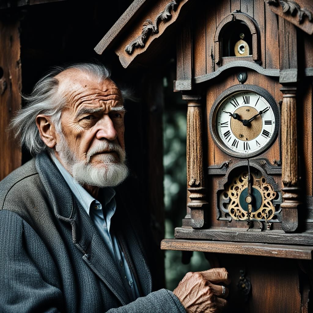 Sad Old Man with Cuckoo Clock Portrait