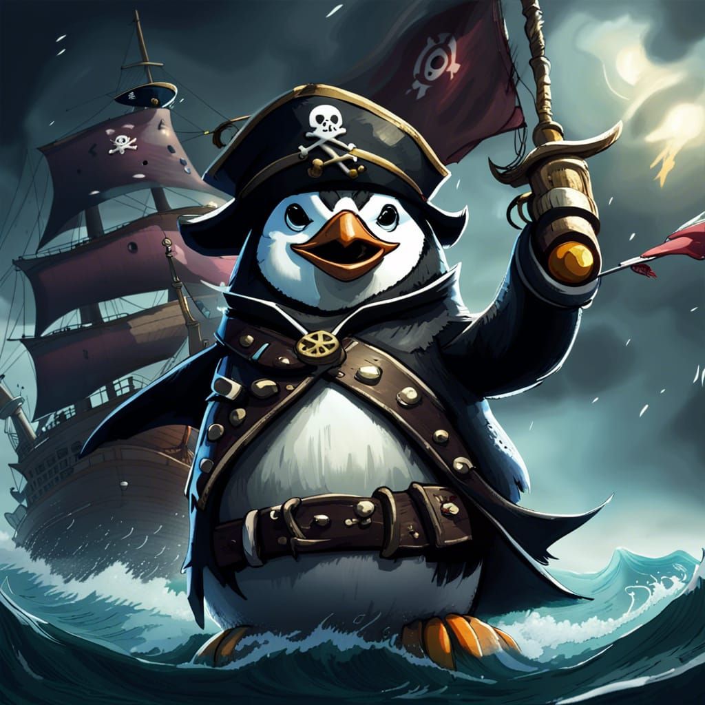 Penguin Pirate Captain Commands Stormy Seas