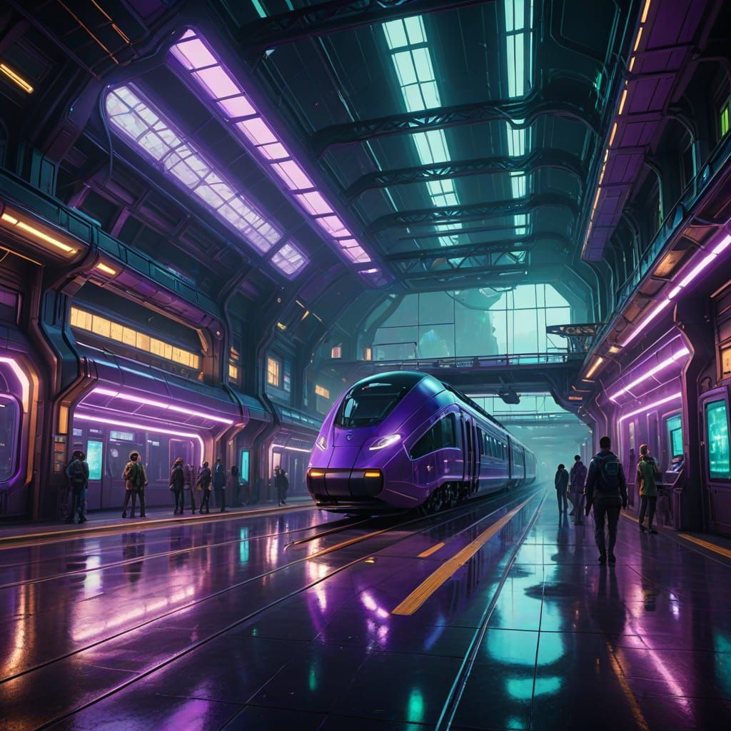 Galactic Futuristic Train Station in Neon-Lit Vistas