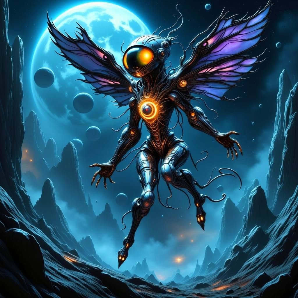 Cyberpunk Fairy Dances Under Celestial Space Station