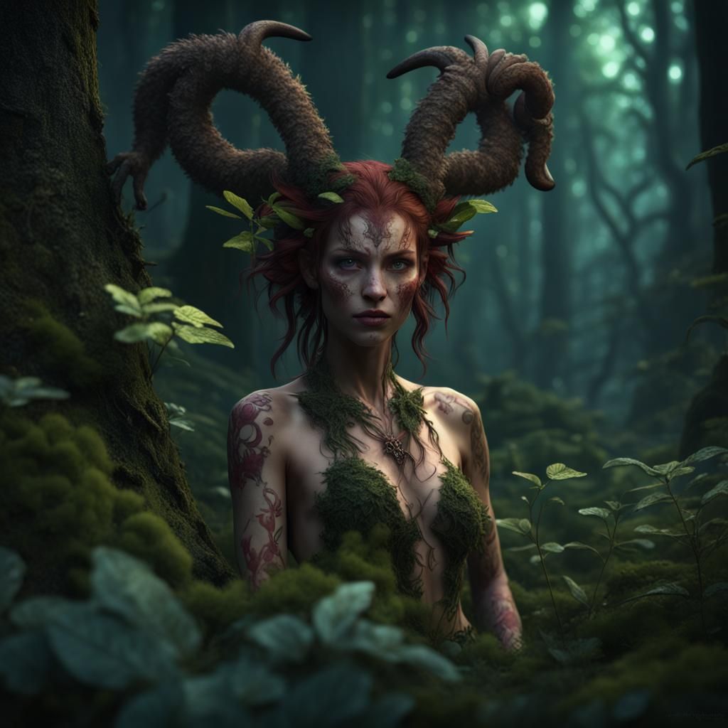 Female Forest Satyr in Dark Wooded Scene
