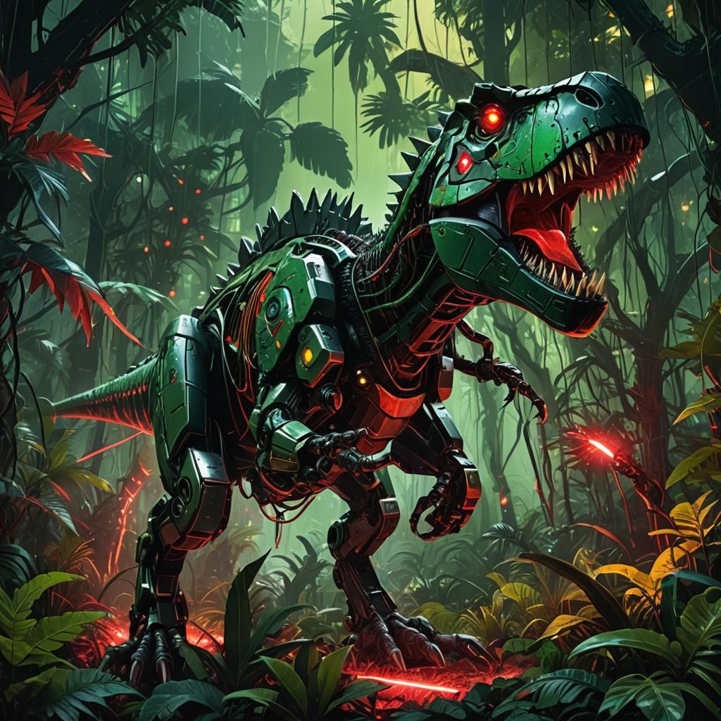 Robot Tyrannosaurus Devouring Stegosaurus in Metallic Jungle
