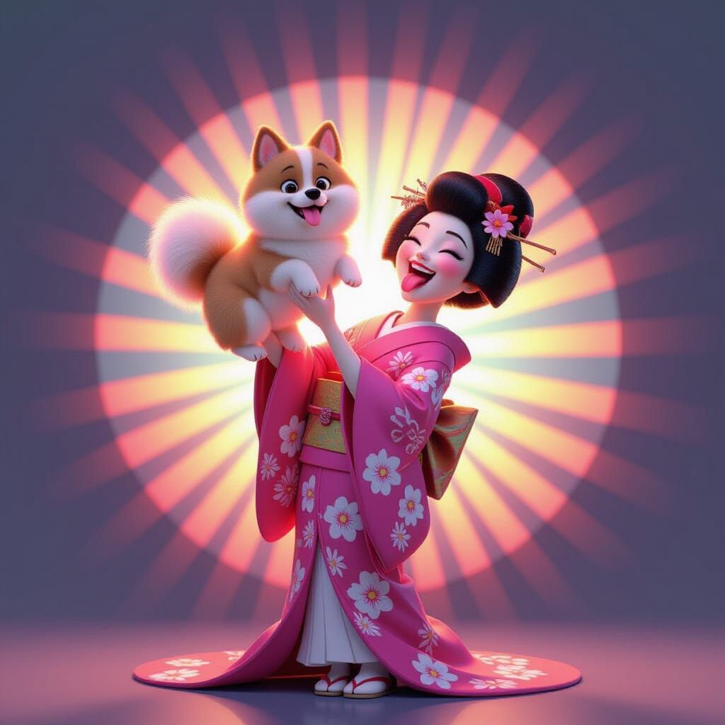 Geisha Holds Fluffy Dog Aloft in Pink Kimono