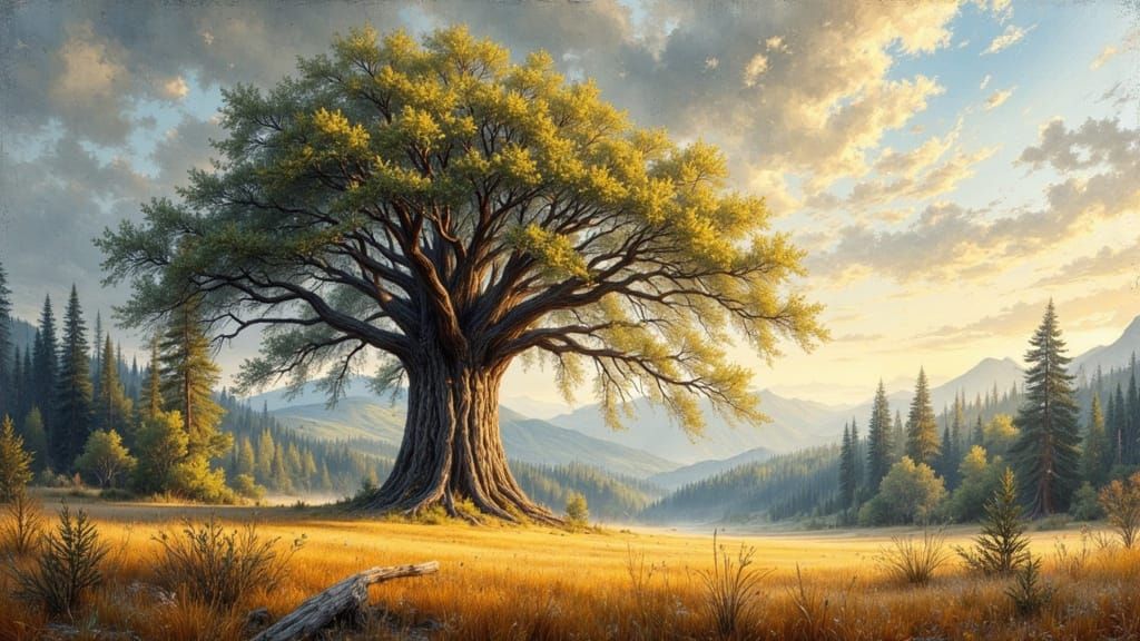 Majestic Redwood Tree in Impasto Impressionism Style