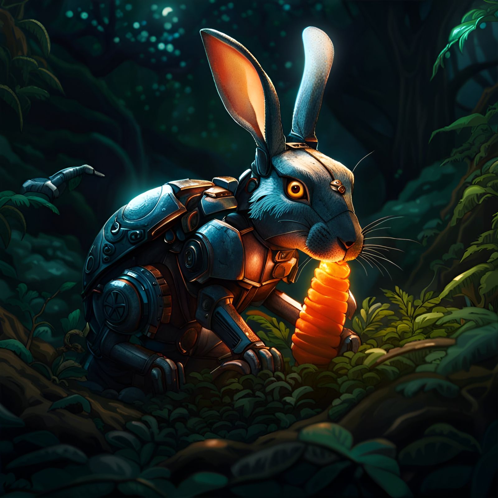 Robotic Rabbit Munching Carrot in Jungle, Dark Fantasy